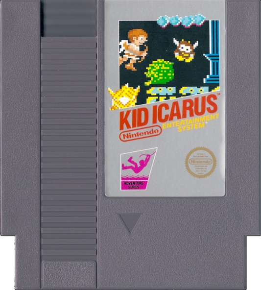 Kid Icarus cartridge for the Nintendo Entertainment System with five screw design featuring 8 bit side scrolling action platformer gameplay as Pit battles mythological enemies to rescue the goddess Palutena cartridge front