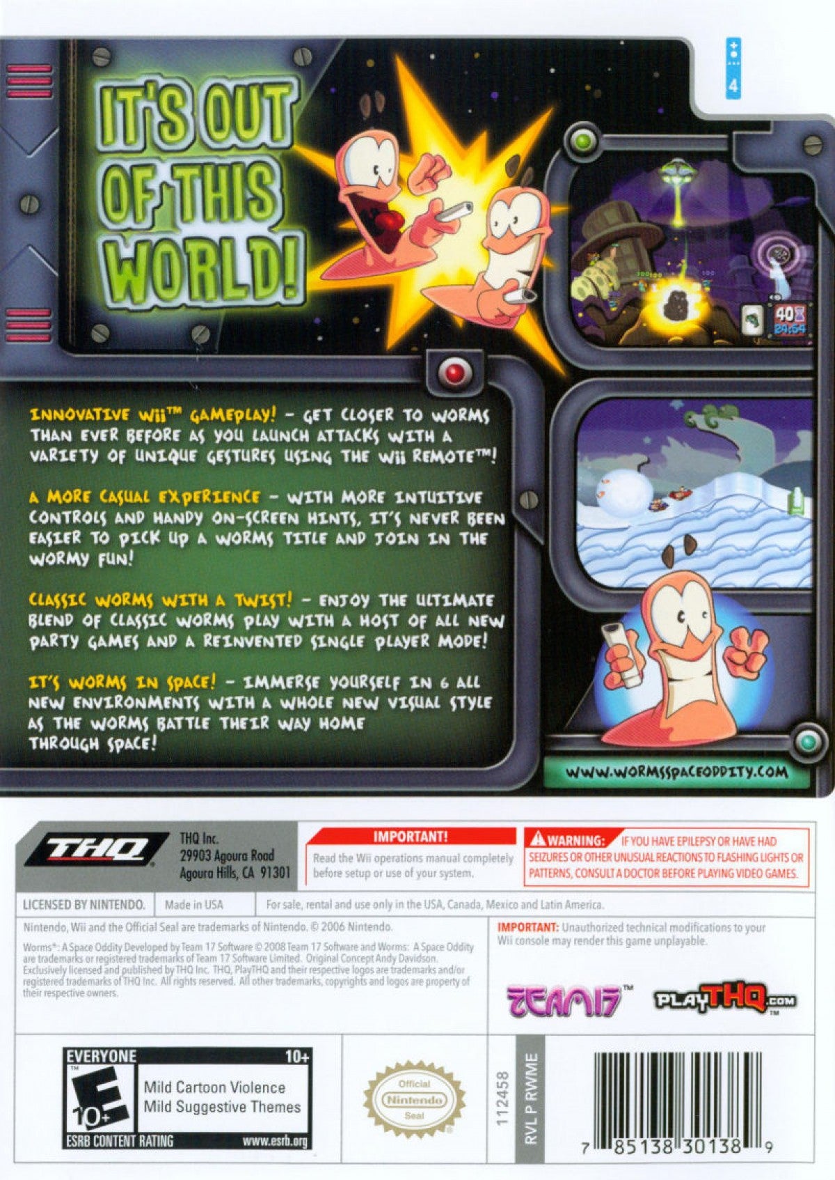 Worms: A Space Oddity back cover art for Nintendo Wii (Wii) featuring turn‑based artillery combat with quirky worm characters, new space‑themed weapons, and destructible intergalactic battlefields