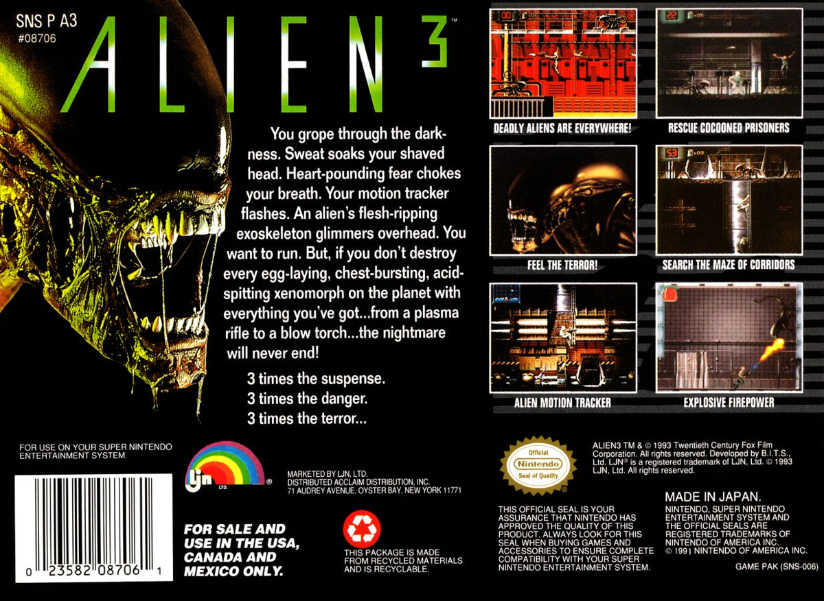 Alien 3 Super Nintendo Entertainment System SNES video game featuring sci fi action platforming gameplay Ellen Ripley character Xenomorph alien battles rescue missions prisoner survival pulse rifle combat flamethrower weapons hostile space colony environments timed challenges and classic 16 bit Nintendo action horror gameplay retro video game collection collectible gaming appeal back cover art