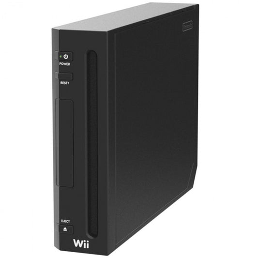 Angled front view of a black Nintendo Wii console standing vertically, highlighting the disc slot and front panel buttons.