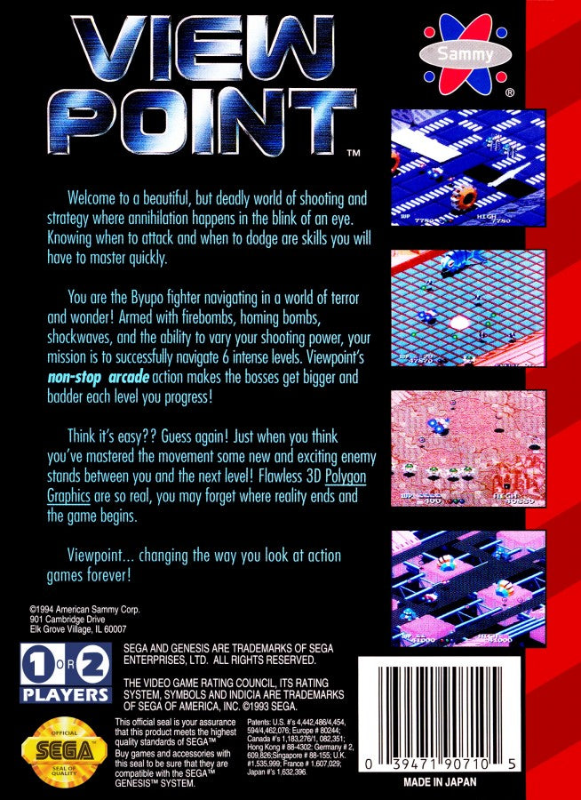 Viewpoint Sega Genesis GEN for retro video game enthusiasts featuring isometric shoot em up gameplay fast paced arcade action futuristic spacecraft combat intense enemy waves challenging boss battles vibrant 16 bit graphics and collectible gaming appeal back cover