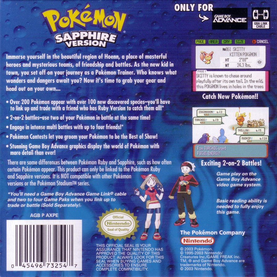 Pokemon Sapphire back cover art for Game Boy Advance (GBA) game only featuring classic turn-based RPG gameplay and Hoenn region adventure