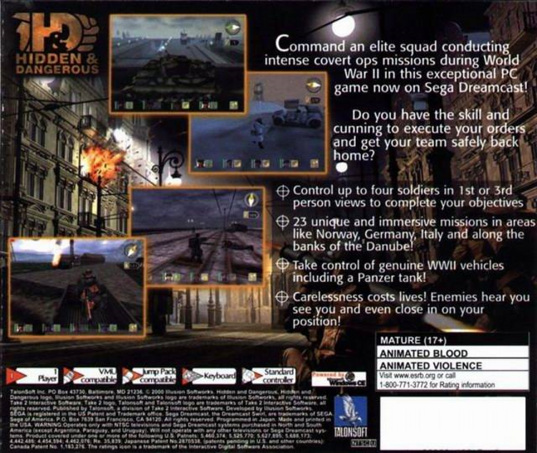 Hidden and Dangerous back cover art for Sega Dreamcast (DC) video game