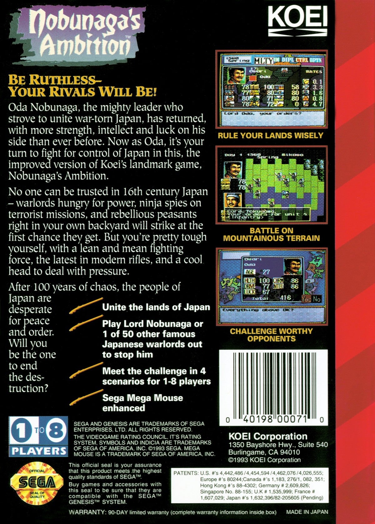 Nobunaga's Ambition Sega Genesis GEN for retro video game enthusiasts featuring historical strategy simulation gameplay feudal Japan conquest tactical warfare resource management diplomacy turn based decision making and collectible gaming appeal back cover