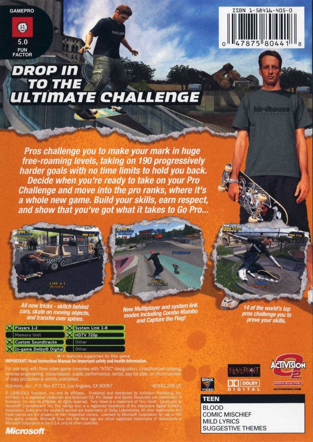 Tony Hawk's Pro Skater 4 Xbox inspired design featuring skateboarding sports action aesthetic legendary pro skaters massive trick combos open level exploration street and vert skating culture fast paced arcade gameplay nostalgic extreme sports presentation back cover