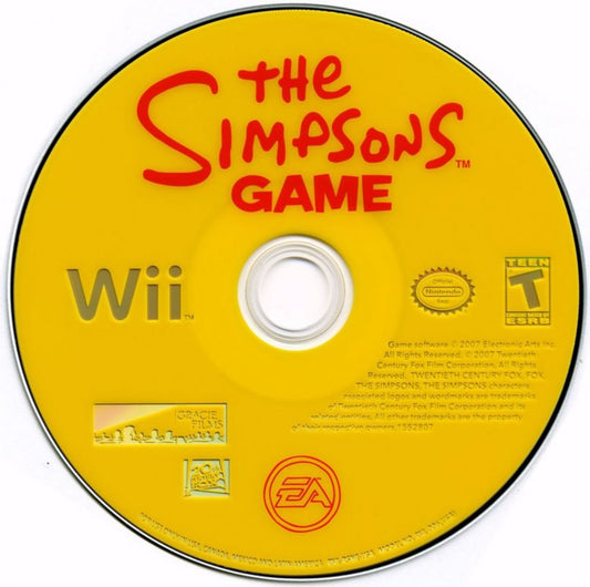 The Simpsons Game disc art for Nintendo Wii (Wii) featuring comedic action‑adventure gameplay with Homer, Bart, Lisa, and Marge, parodying popular video games in Springfield