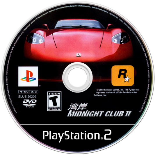 Midnight Club II disc art for PlayStation 2 (PS2) featuring high‑speed street racing across Los Angeles, Paris, and Tokyo with customizable cars and motorcycles.