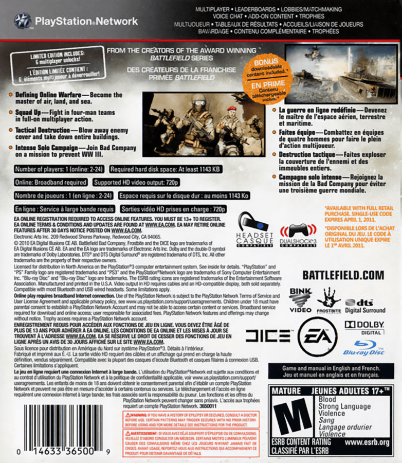 Battlefield Bad Company 2 PlayStation 3 shooter video game back cover art