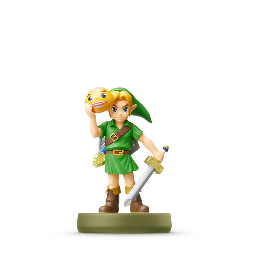Link (Majora’s Mask) Amiibo loose featuring Link in his Majora’s Mask design, holding the iconic Goron Mask styled after his appearance in The Legend of Zelda: Majora’s Mask 3D, and compatible with supported Zelda‑series bonuses.