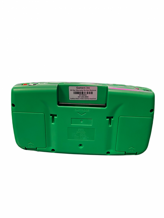 Back view of a custom Sega Game Gear handheld console with green shell and IPS backlit screen