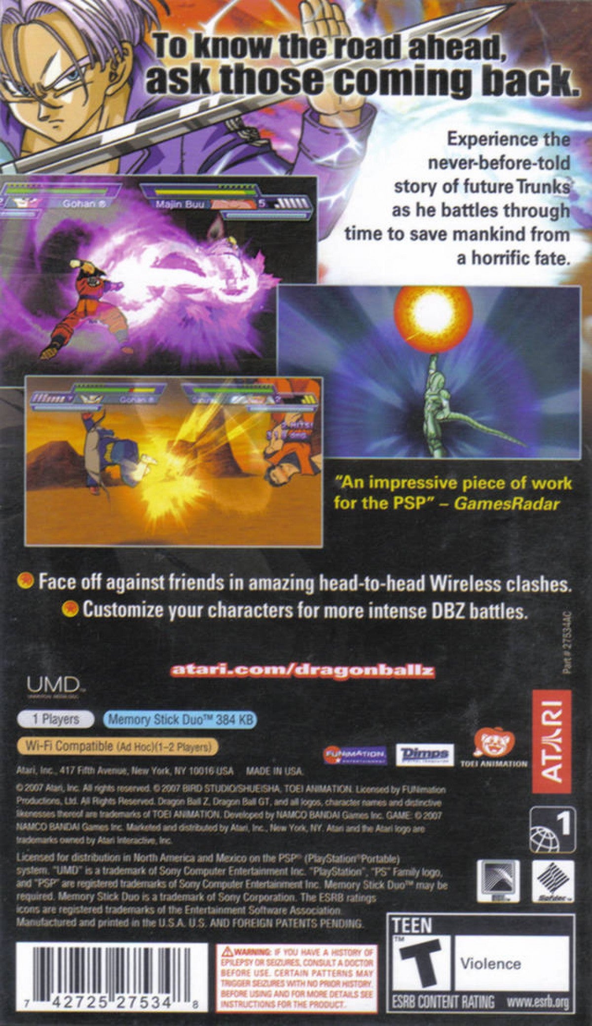 Dragon Ball Z Shin Budokai Another Road PlayStation Portable PSP fighting game sequel featuring new story mode ad-hoc versus battles and Super Saiyan transformations back cover