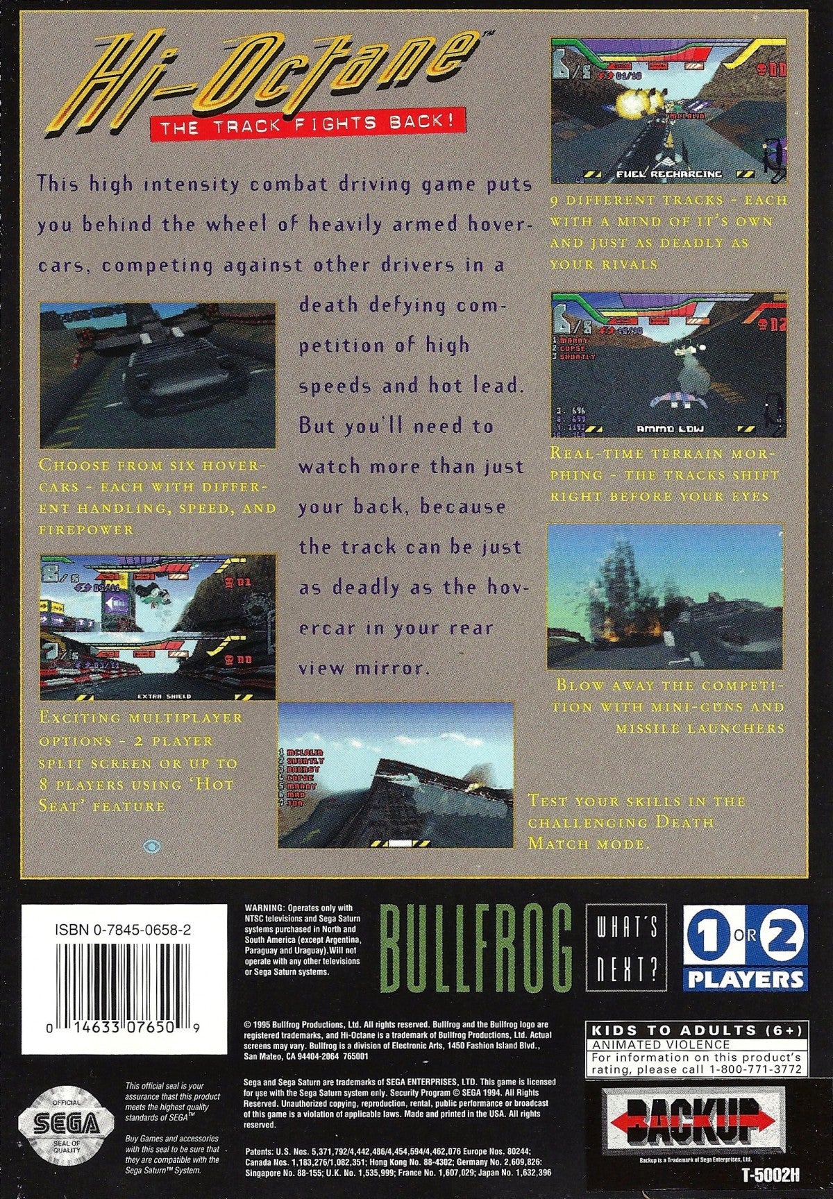 Hi Octane Sega Saturn vehicular combat racing game high speed combat driving vehicles weapons futuristic racing arcade style action EA Electronic Arts retro Saturn game Sega Saturn software video game title back cover