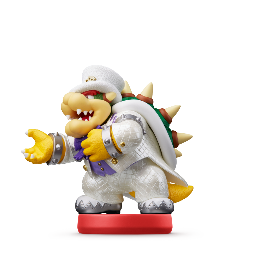 Bowser Amiibo Wedding Outfit Super Mario Odyssey series loose authentic Nintendo NFC figure white tuxedo top hat bouquet scanning unlocks costume in game