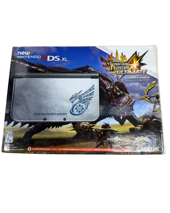 Monster Hunter 4 Limited Edition New Nintendo 3DS XL complete in box featuring exclusive silver design with embossed monster artwork