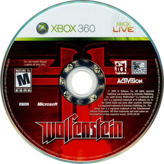 Wolfenstein disc for Xbox 360 (X360) sci-fi first-person shooter video game