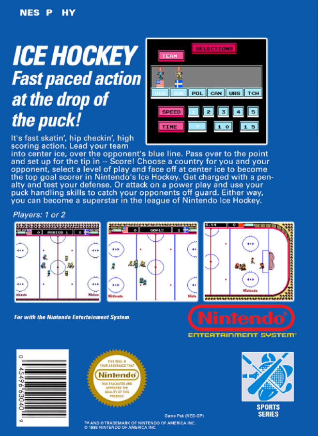 Ice Hockey back of box for Nintendo Entertainment System (NES) retro video game