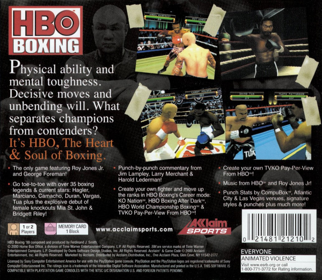 HBO Boxing retro PlayStation video game HBO Boxing sports boxing simulation realistic fighters arcade style combat multiplayer matches console title Sony PlayStation release back of case