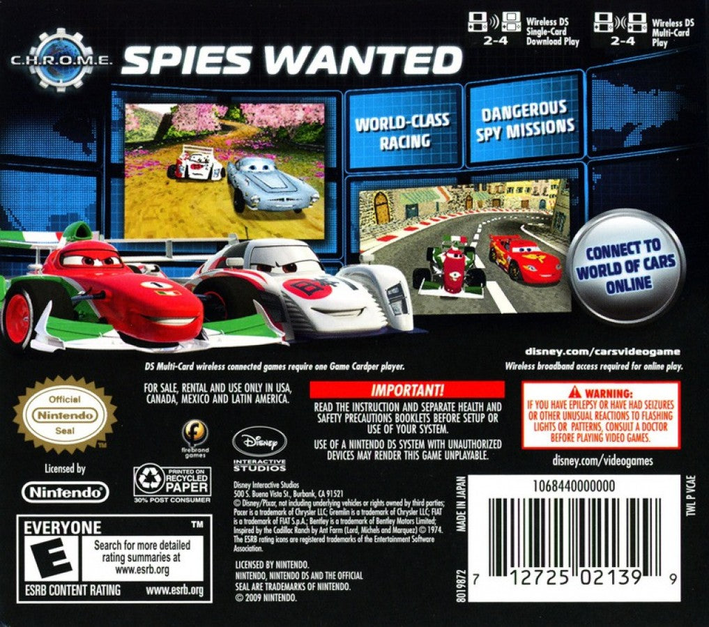 Cars 2 for Nintendo DS Disney Pixar racing adventure game featuring Lightning McQueen Mater World Grand Prix missions multiplayer challenges arcade style gameplay back cover