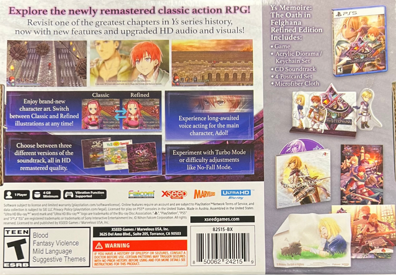 Ys Memoire The Oath in Felghana Refined Edition PlayStation 5 PS5 for action role playing video game fans featuring fast paced combat dungeon exploration challenging bosses character progression fantasy adventure remastered visuals enhanced music classic Ys gameplay and Refined Edition collectible content gaming appeal box back cover art