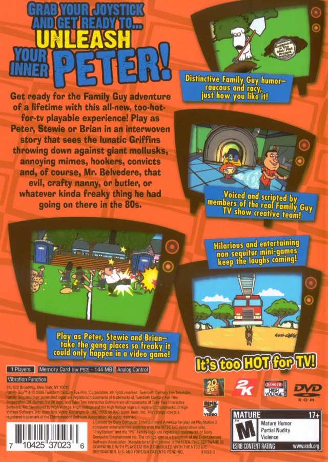Family Guy: Video Game back of case for PlayStation 2 (PS2) comedy action-adventure video game based on the TV series