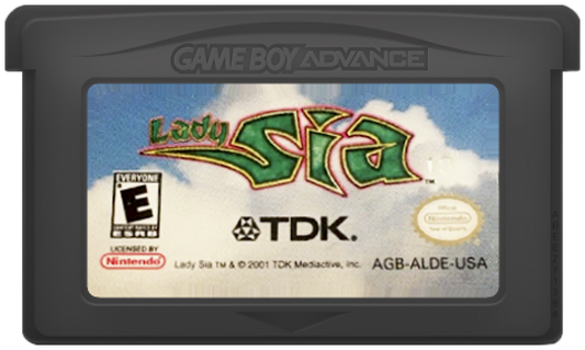 Lady Sia for Game Boy Advance (GBA), cartridge for a retro video game featuring side-scrolling platforming gameplay, fantasy combat, magical abilities, challenging levels, and action-adventure exploration