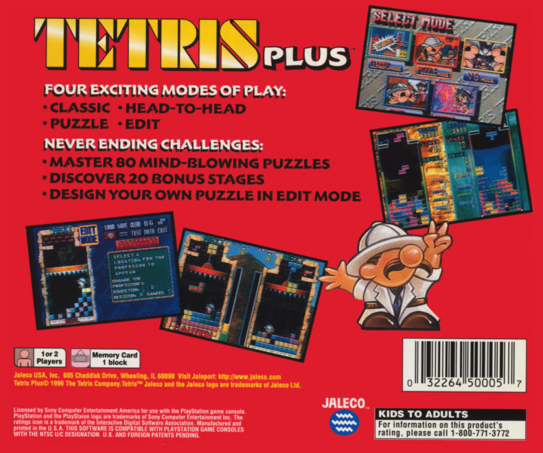 Tetris Plus back cover art for PlayStation 1 (PS1) video game