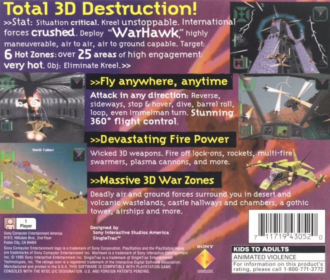 Warhawk back of case for PlayStation 1 (PS1) flight combat video game