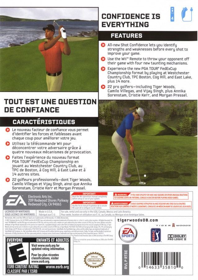 Tiger Woods PGA Tour 08 back cover art for Nintendo Wii (Wii) featuring motion‑controlled golf, authentic courses, and competitive play with PGA pros.