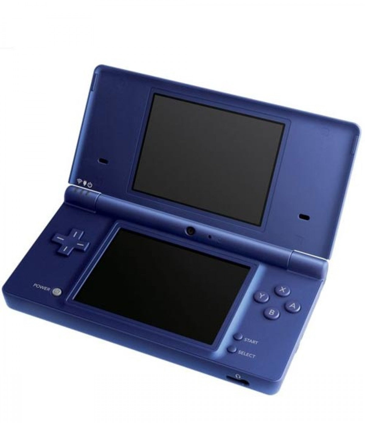 Metallic blue Nintendo DSi handheld gaming console for portable Nintendo games open showing dual screens