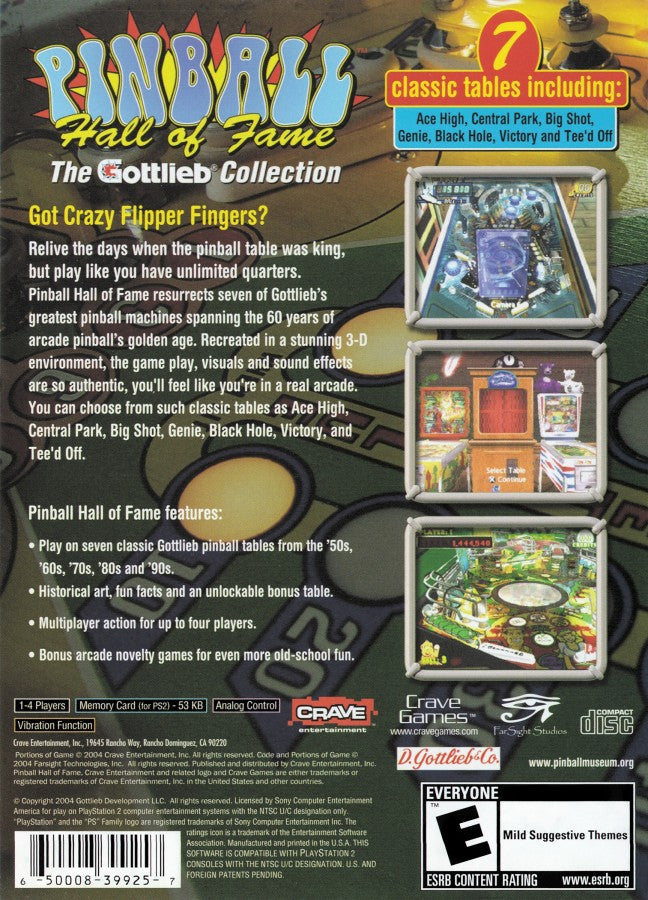 Pinball Hall of Fame: The Gottlieb Collection – PlayStation 2 (PS2) video game back of case, pinball simulation game.