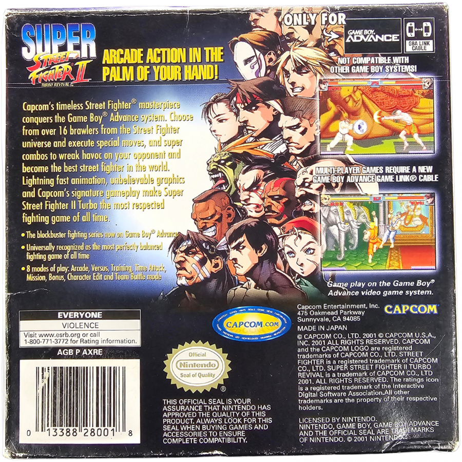 Super Street Fighter II Game Boy Advance GBA video game Complete In Box CIB featuring classic fighting gameplay iconic Street Fighter characters special moves combo attacks competitive battles arcade style action and classic handheld Nintendo gameplay retro video game collection collectible gaming appeal back cover art