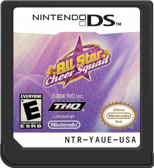 All-Star Cheer Squad Nintendo DS cartridge for retro video game featuring competitive cheerleading gameplay, rhythm based routines, customizable squads, dance challenges, and portable sports simulation action on the Nintendo DS handheld system
