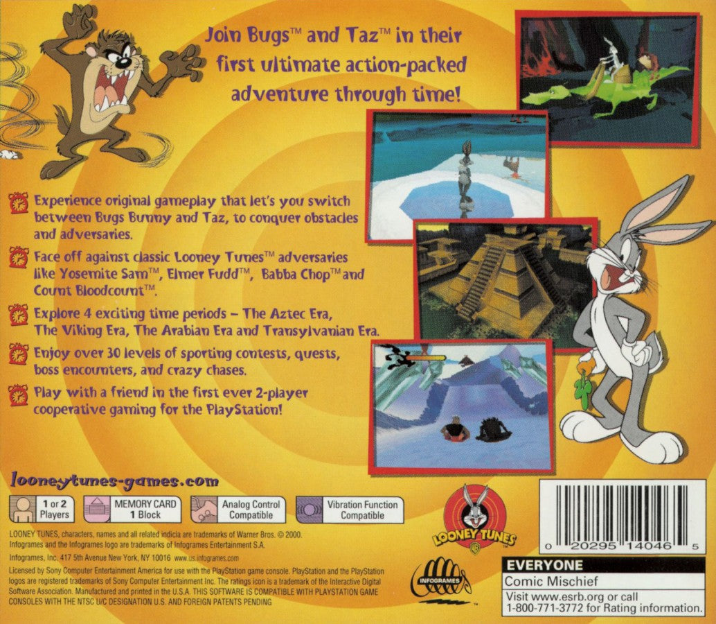 Bugs Bunny and Taz Time Busters PlayStation 1 game featuring cartoon-style platforming, time-travel adventures, and classic Looney Tunes humor back cover