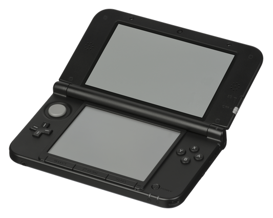 black nintendo 3ds xl handheld gaming console with large dual screens, 3d capability, built in camera, and backward compatibility for ds and 3ds games open view turned off