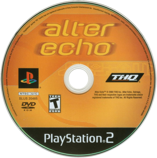 Alter Echo for PlayStation 2 (PS2) featuring a sci fi action adventure where you switch between three bio suit forms to solve puzzles and fight enemies; use fast melee and ranged combat explore alien environments and adapt your abilities to overcome challenges on PS2 disc