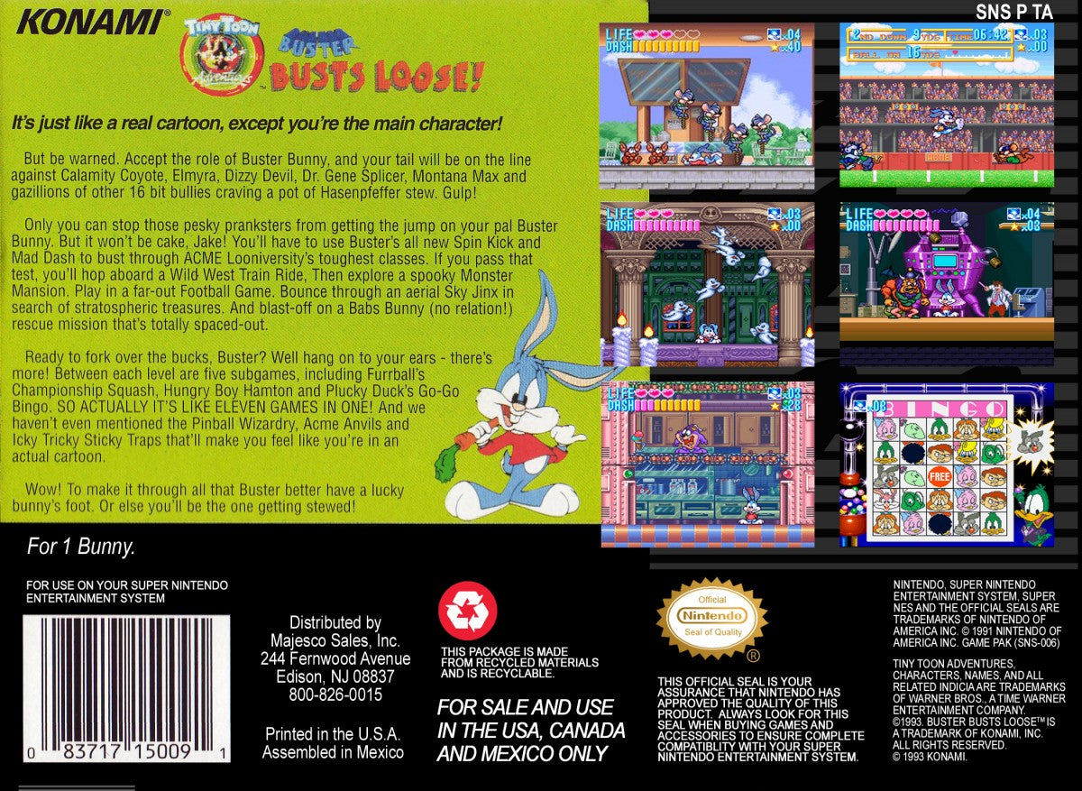 Buster Busts Loose game for the Super Nintendo Entertainment System featuring side scrolling platformer gameplay with cartoon style visuals fast paced levels special abilities and stages based on Tiny Toon Adventures starring Buster Bunny back cover art