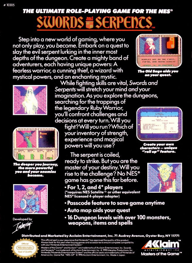 Swords and Serpents Nintendo Entertainment System NES for retro video game enthusiasts featuring classic dungeon crawling role playing gameplay first person exploration turn based inspired combat character progression fantasy adventure and collectible gaming appeal box art back