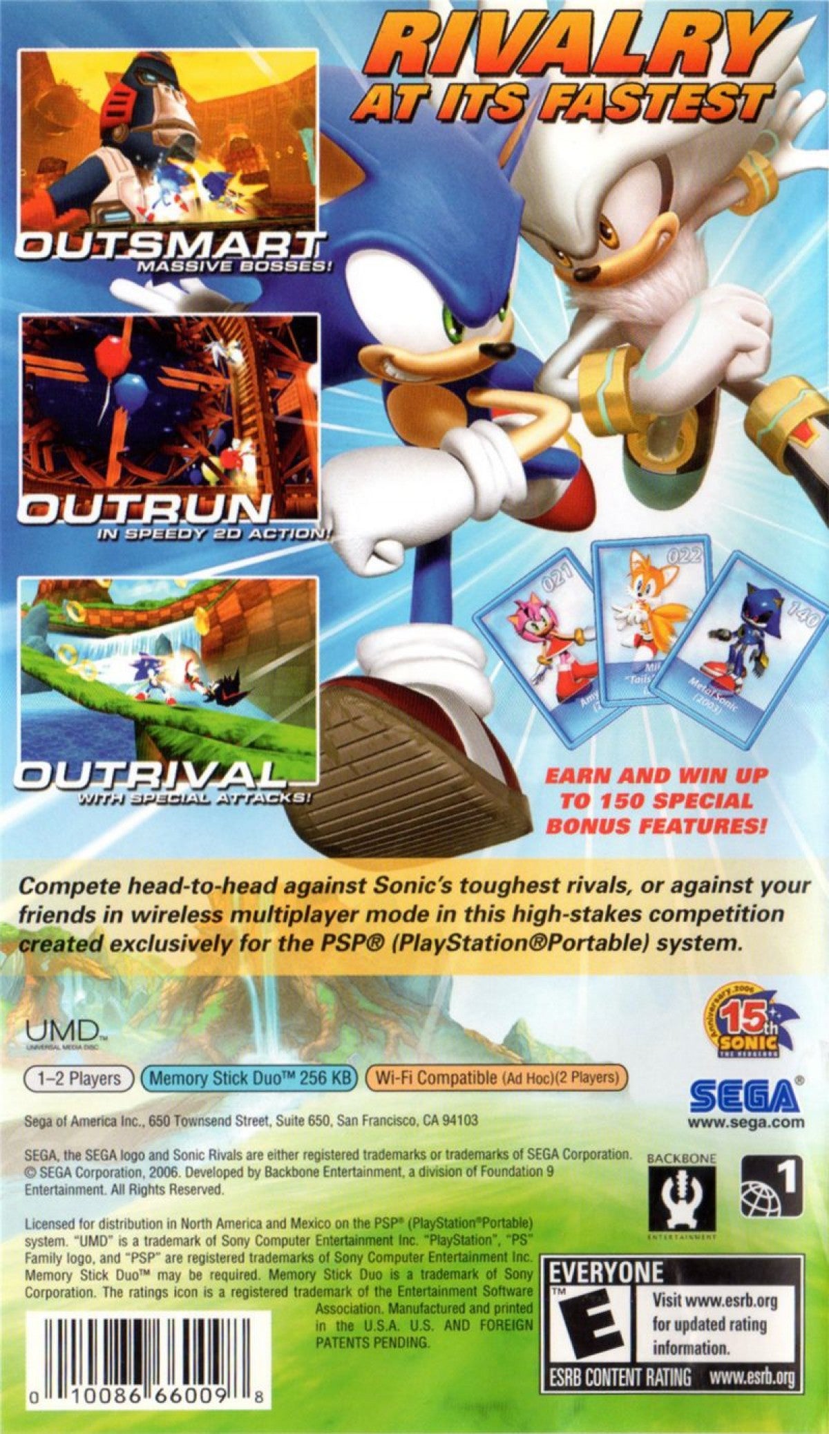 Retro Sonic Rivals Greatest Hits PSP inspired design featuring fast paced platform racing gameplay aesthetic vintage PlayStation Portable Sonic the Hedgehog rivalry battles colorful side scrolling action speed focused handheld gaming nostalgia Sega arcade style presentation back cover
