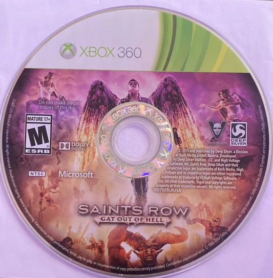 Saints Row: Gat Out of Hell disc for Xbox 360 (X360) open-world action-adventure video game