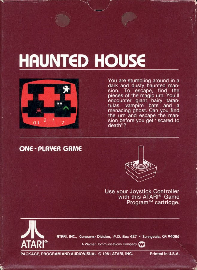 Haunted House retro Atari 2600 video game featuring horror adventure gameplay, maze exploration, ghost encounters and classic Atari console action - back of case