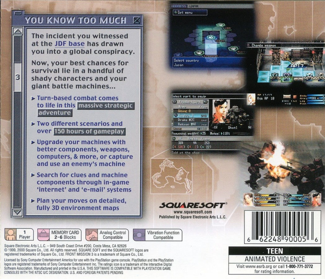 Retro Front Mission 3 PS1 cover art inspired design featuring tactical mech warfare anime military strategy game aesthetic vintage PlayStation RPG graphics futuristic wanzer combat nostalgic Squaresoft gaming fan apparel back cover art