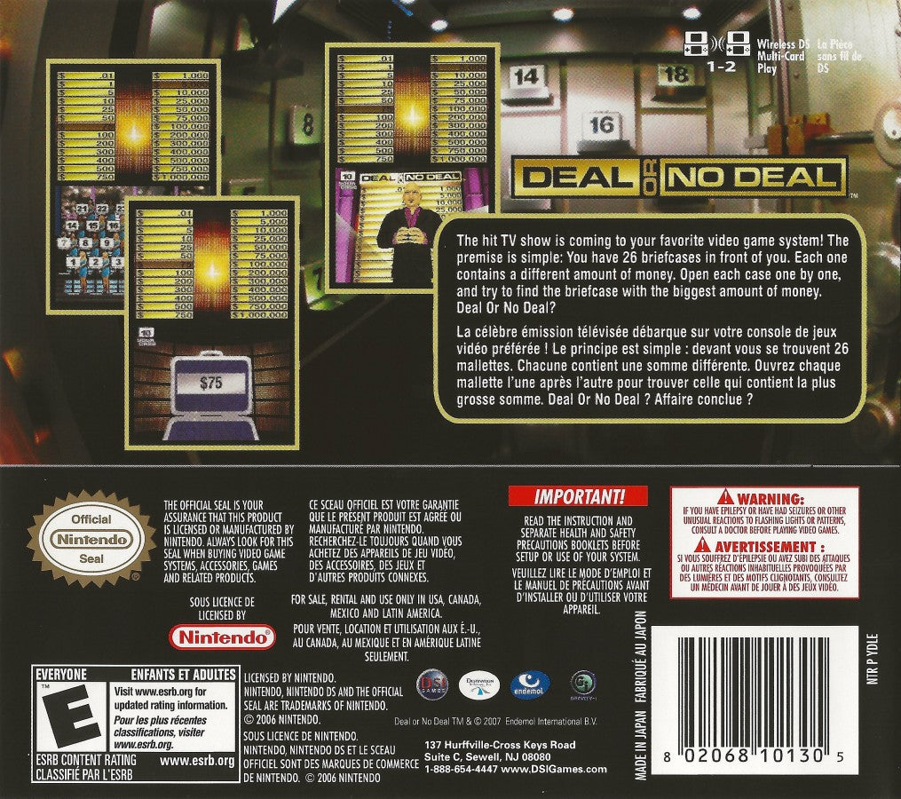 Deal or No Deal back of case for Nintendo DS (DS) game show puzzle video game