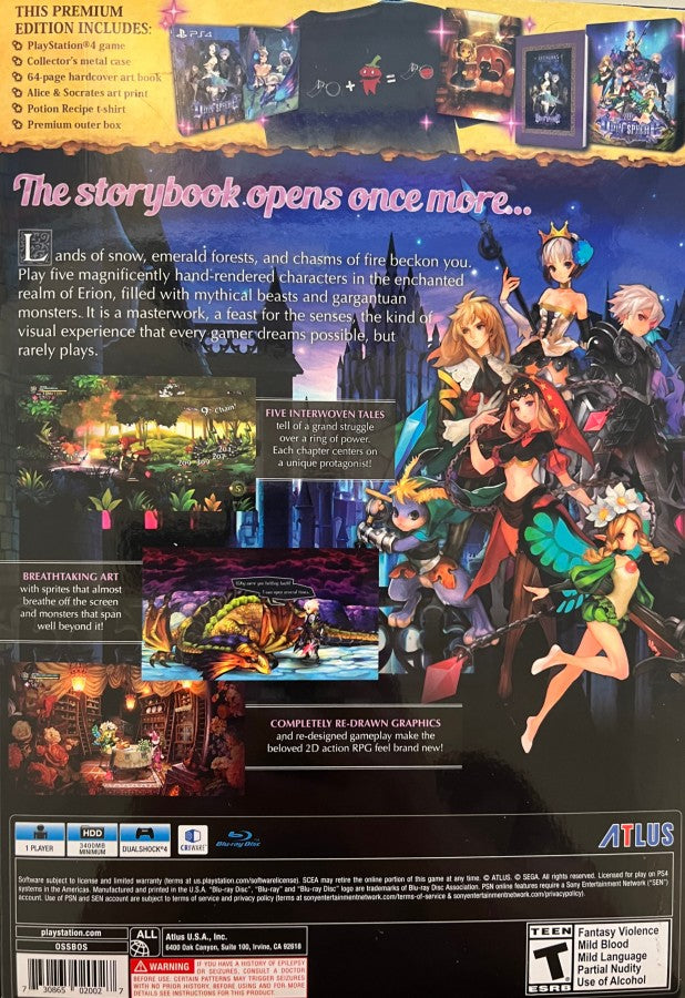 Odin Sphere Leifthrasir Storybook Edition retro PlayStation 4 video game featuring fantasy action RPG combat, side scrolling adventure, anime storytelling and mythological gameplay - back of case