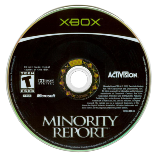 Minority Report Everybody Runs Xbox game featuring third-person action gameplay, futuristic crime fighting mechanics, and cinematic sci-fi adventure based on the film disk