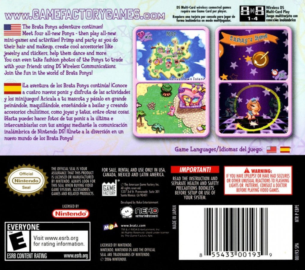 Bratz Ponyz 2 Nintendo DS video game, horse care and adventure gameplay, fashion and exploration, family-friendly handheld console title back cover
