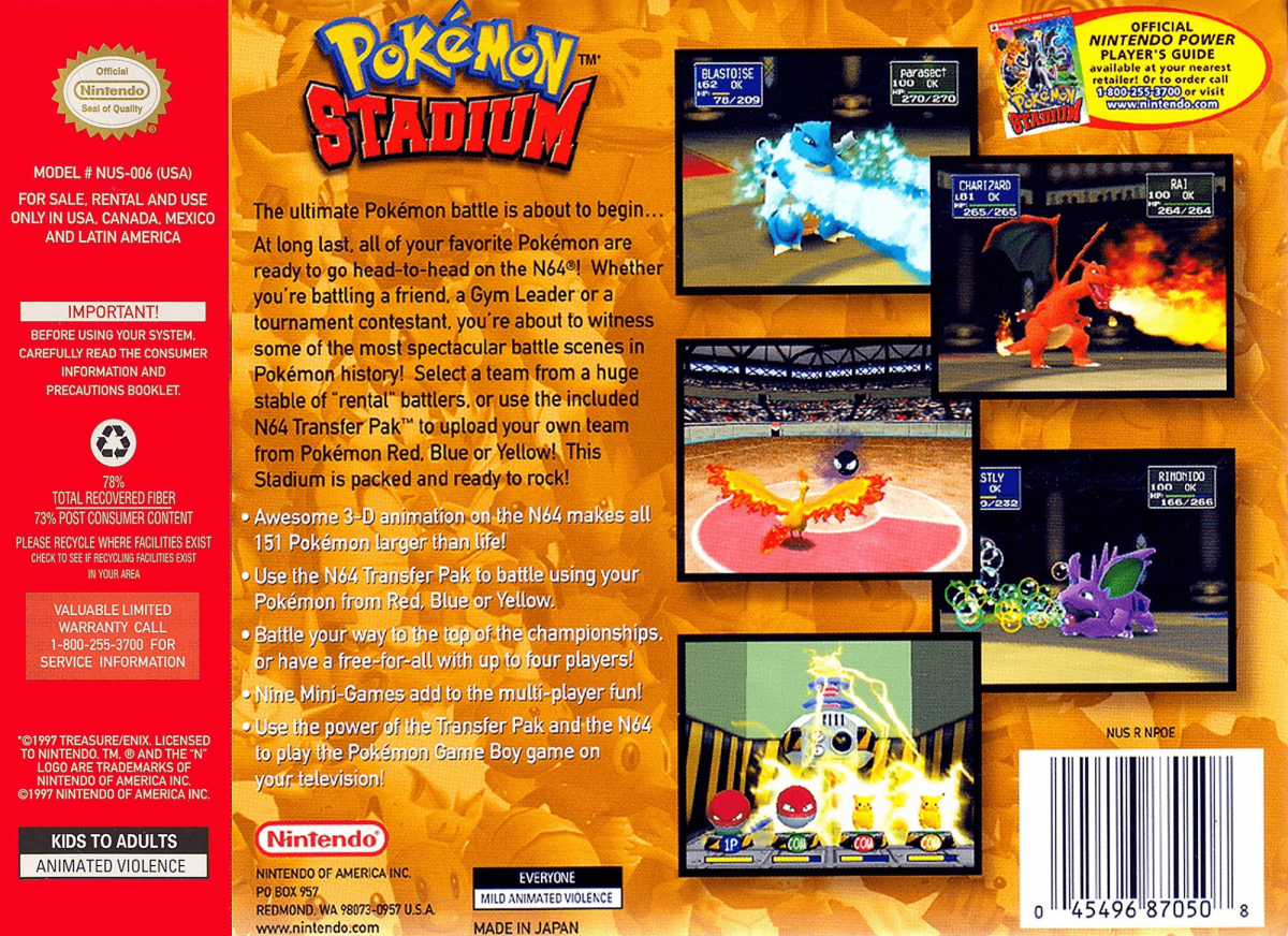 Pokemon Stadium back cover art for Nintendo 64 N64 video game