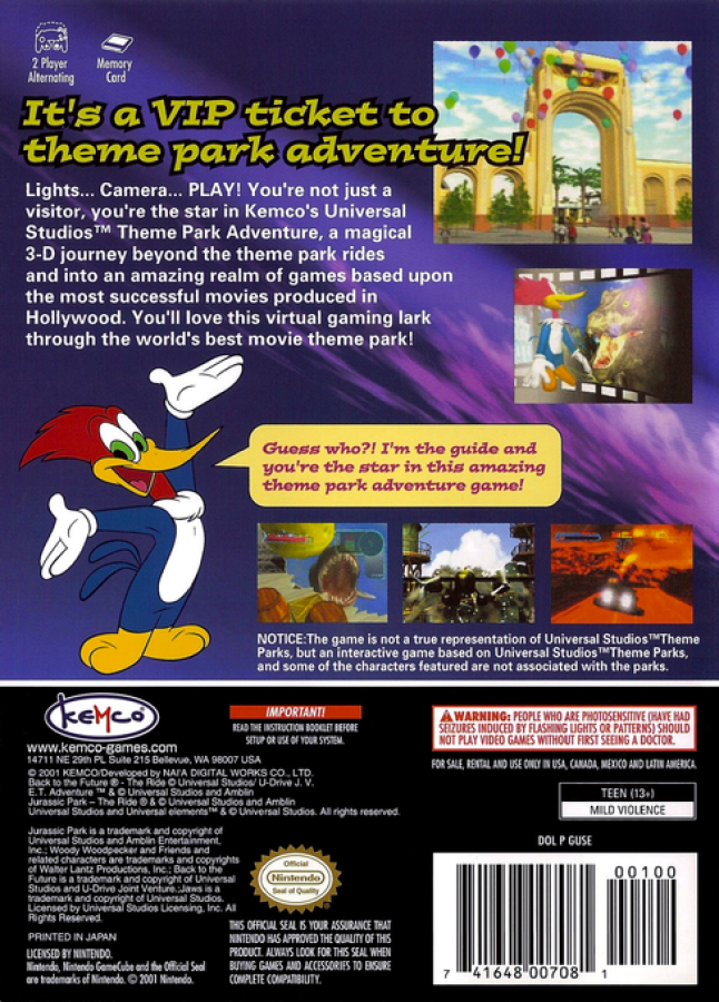 Universal Studios Theme Parks Adventure GameCube GC video game, adventure mini-games, theme park exploration, family-friendly, Nintendo GameCube title back cover