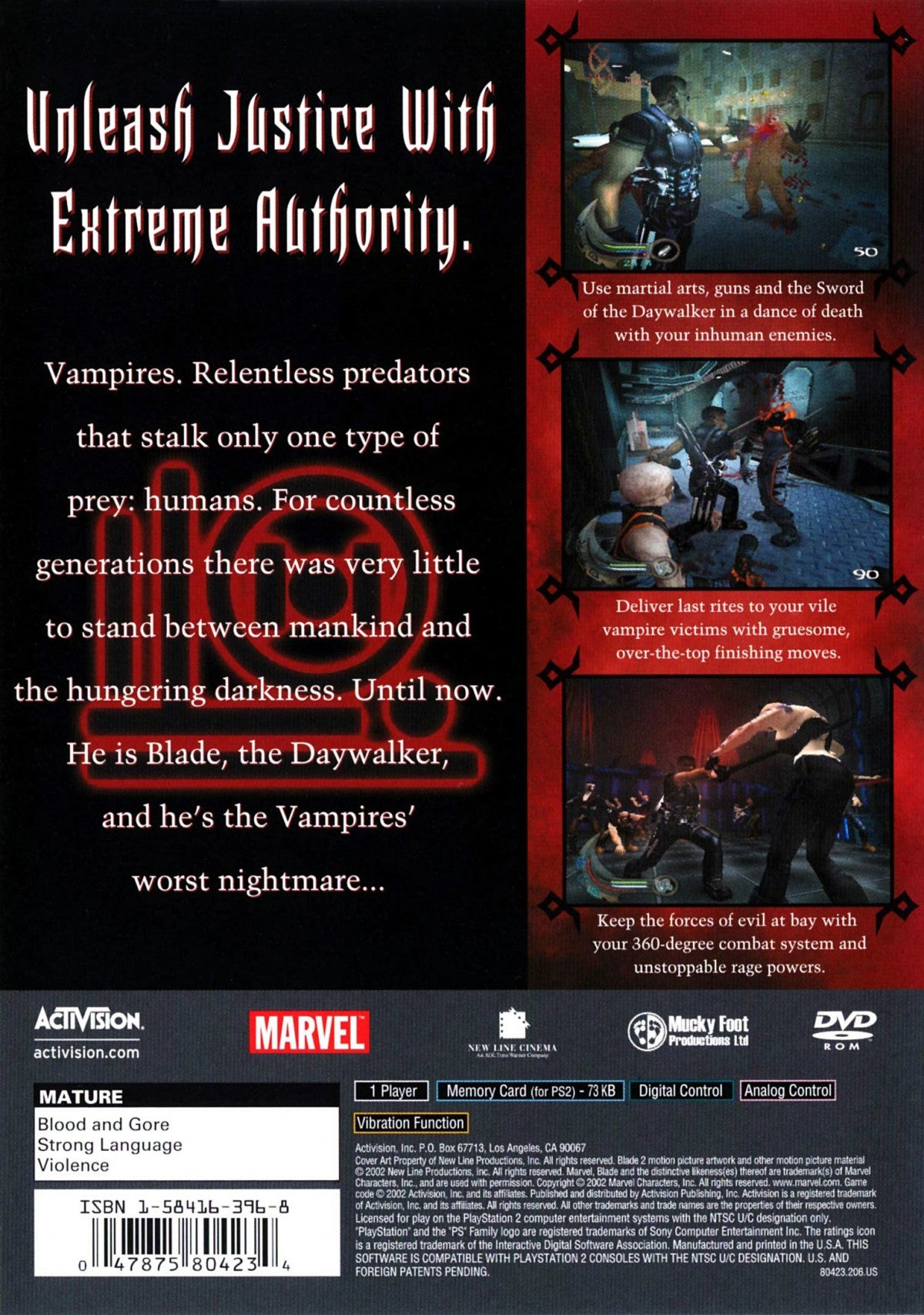 Blade II for PlayStation 2 with vampire-themed action combat focus back cover art