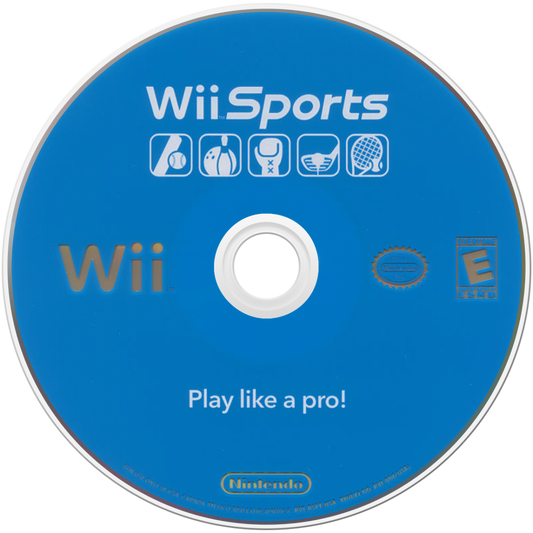 Wii Sports disc art for Nintendo Wii (Wii) featuring motion‑controlled gameplay with tennis, bowling, baseball, golf, and boxing in a fun, family‑friendly sports collection.