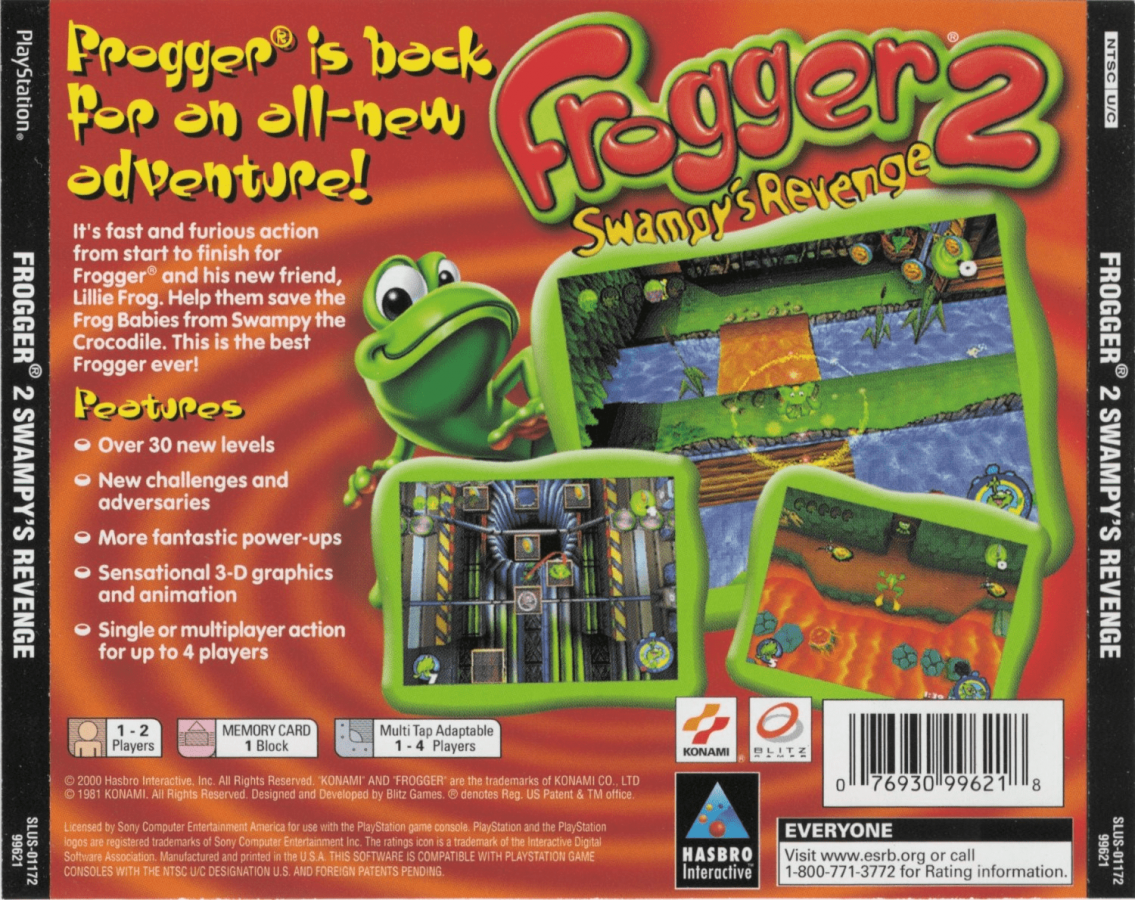 Frogger 2: Swampy's Revenge back of case for PlayStation 1 (PS1) retro video game
